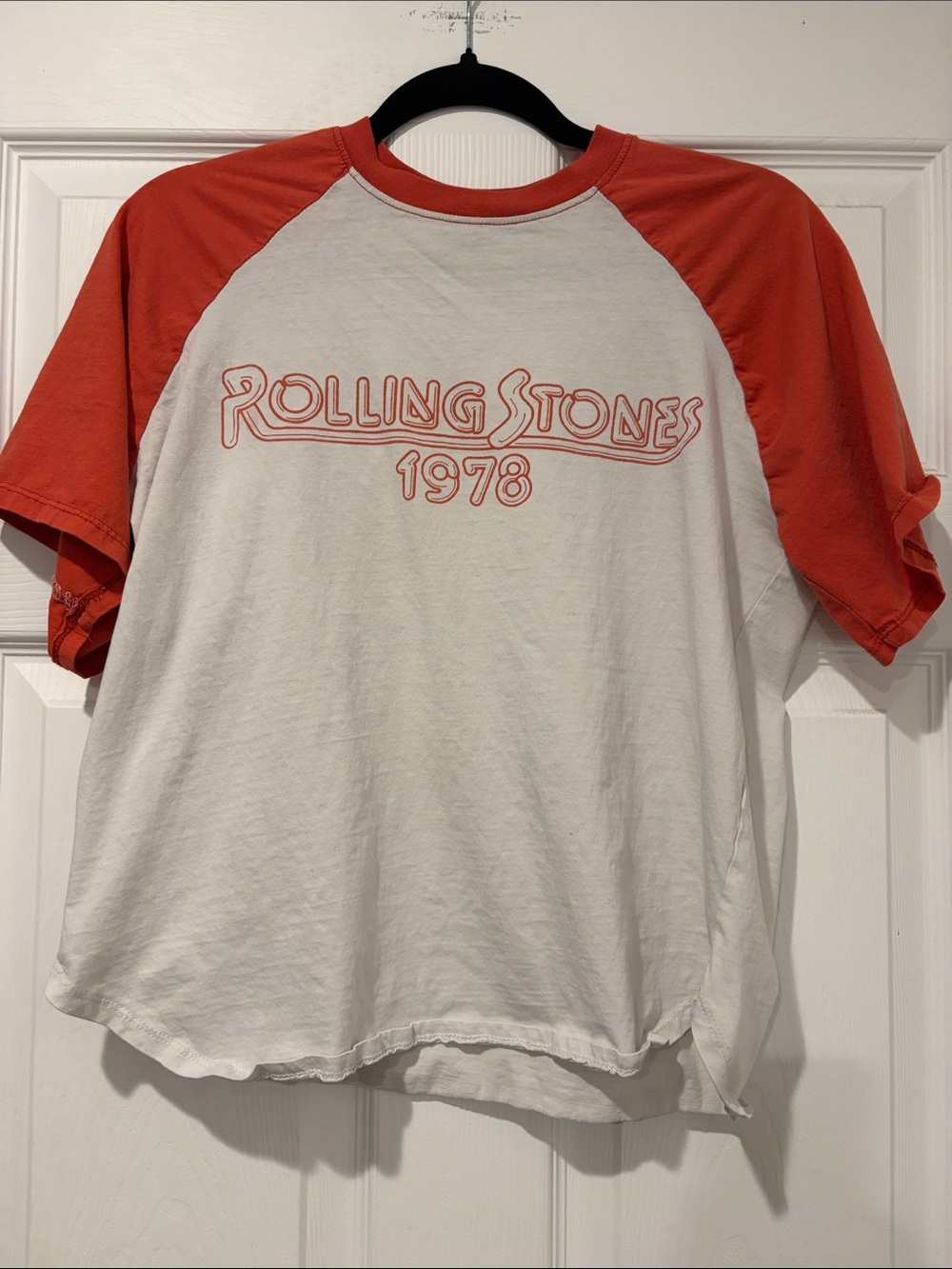 the Rolling Stones White Tee with Red Raglan Sleeves